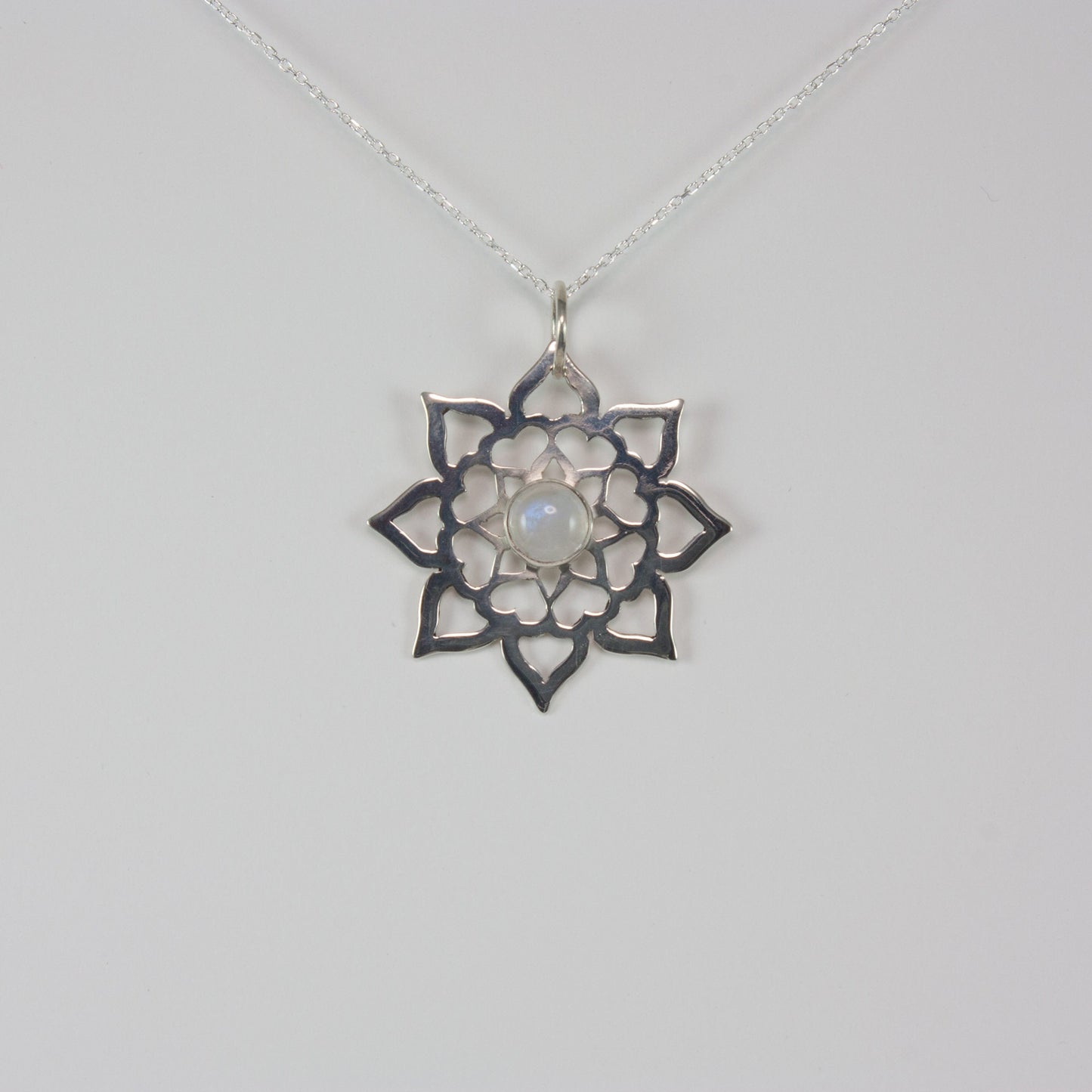 Hearts, Lotus Petal Mandala Necklace, with Bezel Set Rainbow Moonstone, Hand pierced sterling silver and bezel set gemstone