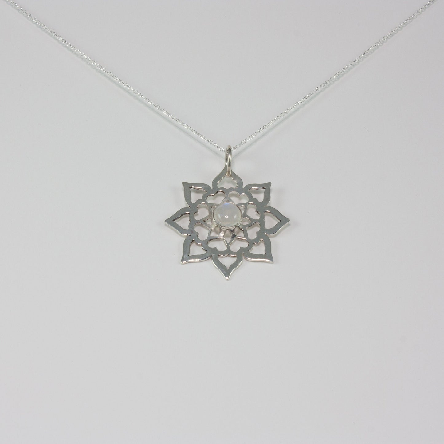 Hearts, Lotus Petal Mandala Necklace, with Bezel Set Rainbow Moonstone, Hand pierced sterling silver and bezel set gemstone