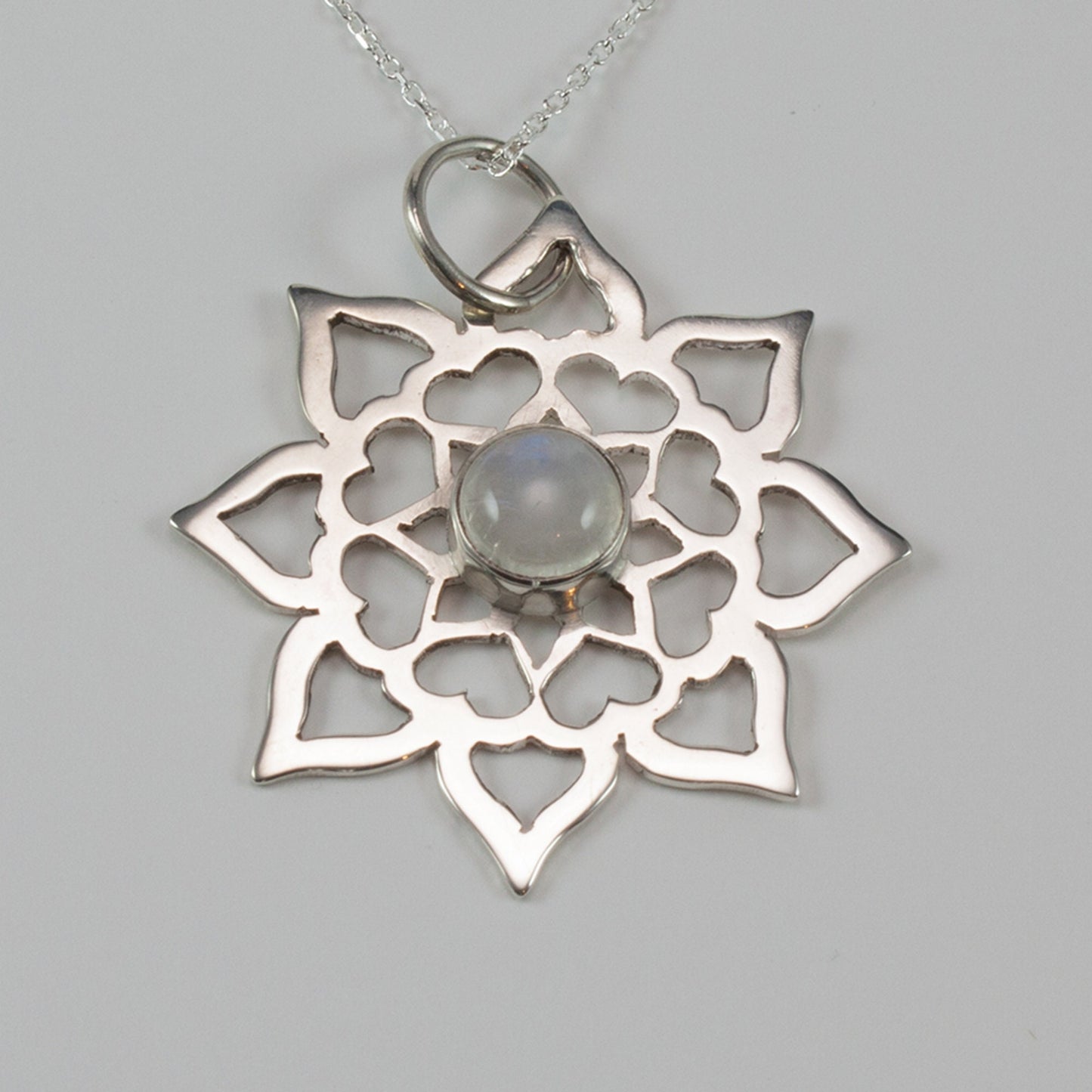 Hearts, Lotus Petal Mandala Necklace, with Bezel Set Rainbow Moonstone, Hand pierced sterling silver and bezel set gemstone