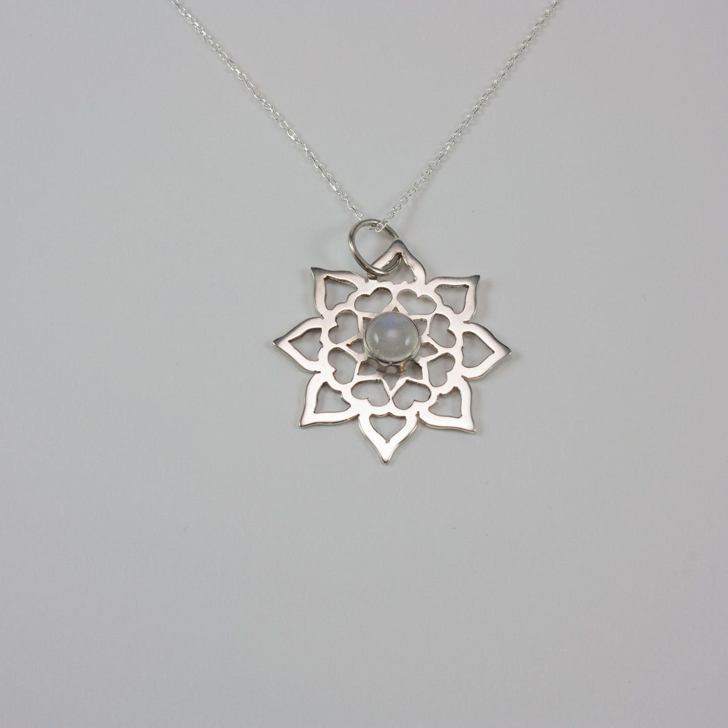 Hearts, Lotus Petal Mandala Necklace, with Bezel Set Rainbow Moonstone, Hand pierced sterling silver and bezel set gemstone
