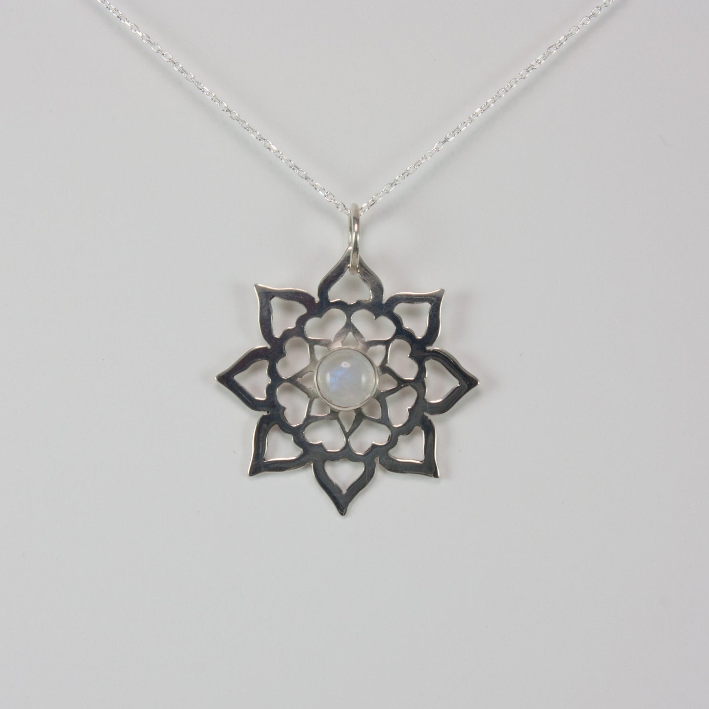 Hearts, Lotus Petal Mandala Necklace, with Bezel Set Rainbow Moonstone, Hand pierced sterling silver and bezel set gemstone
