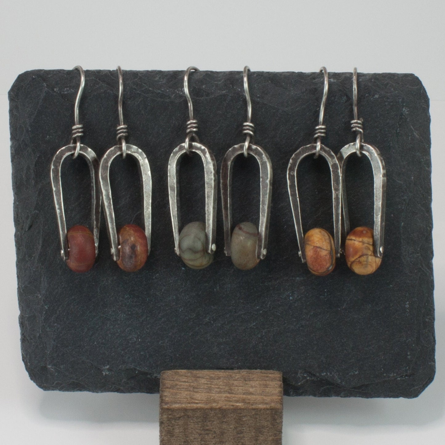 Simple Rustic Jasper Stirrup Earrings, One Pair, Red, Grey, or Yellow/Tan