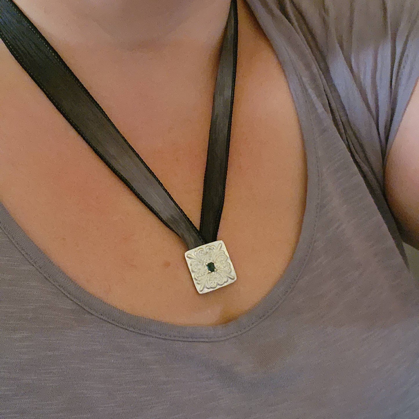 Fine silver and blue tourmaline slide on hand dyed silk ribbon, bracelet, choker or medallion style necklace