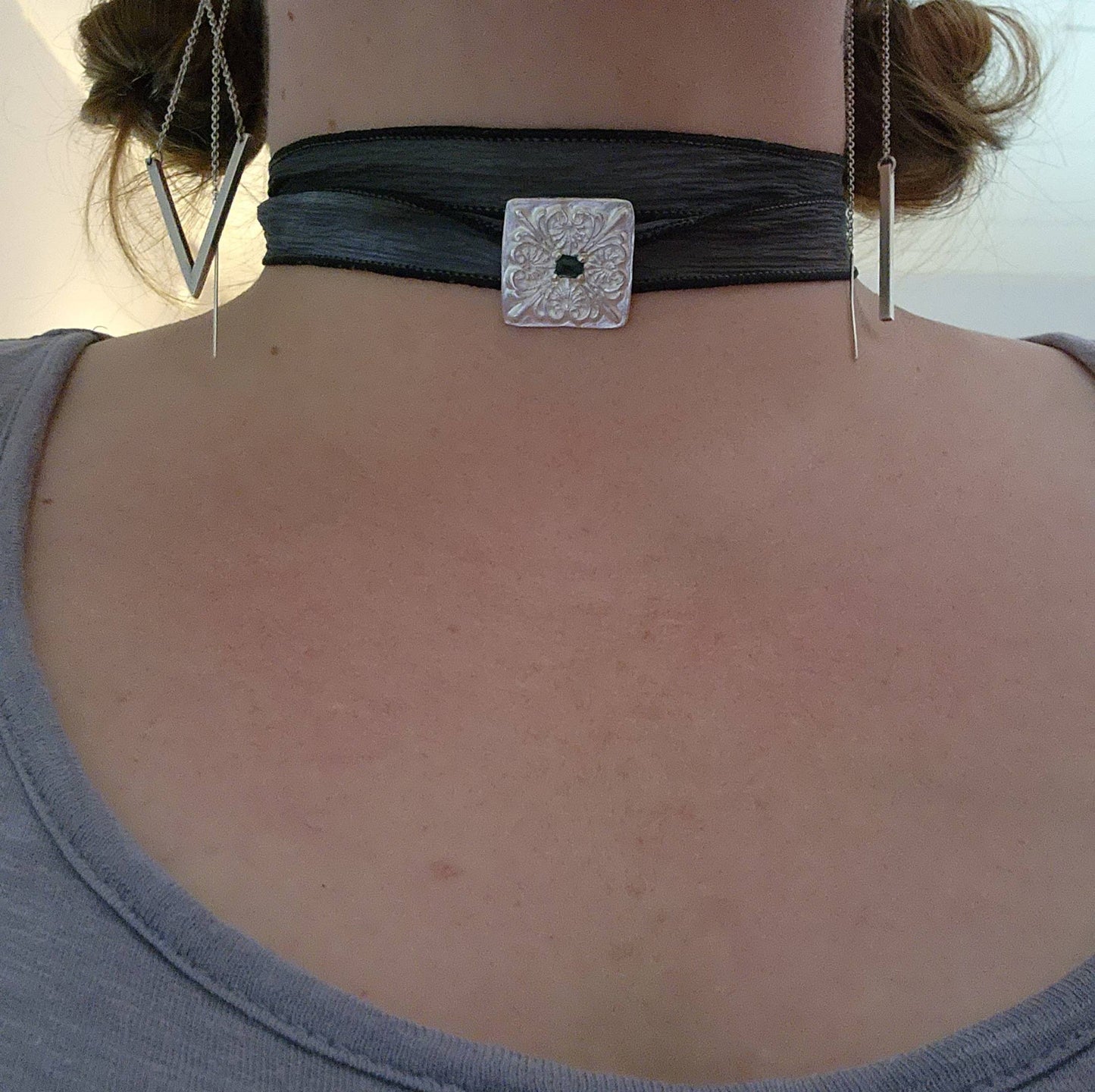 Fine silver and blue tourmaline slide on hand dyed silk ribbon, bracelet, choker or medallion style necklace
