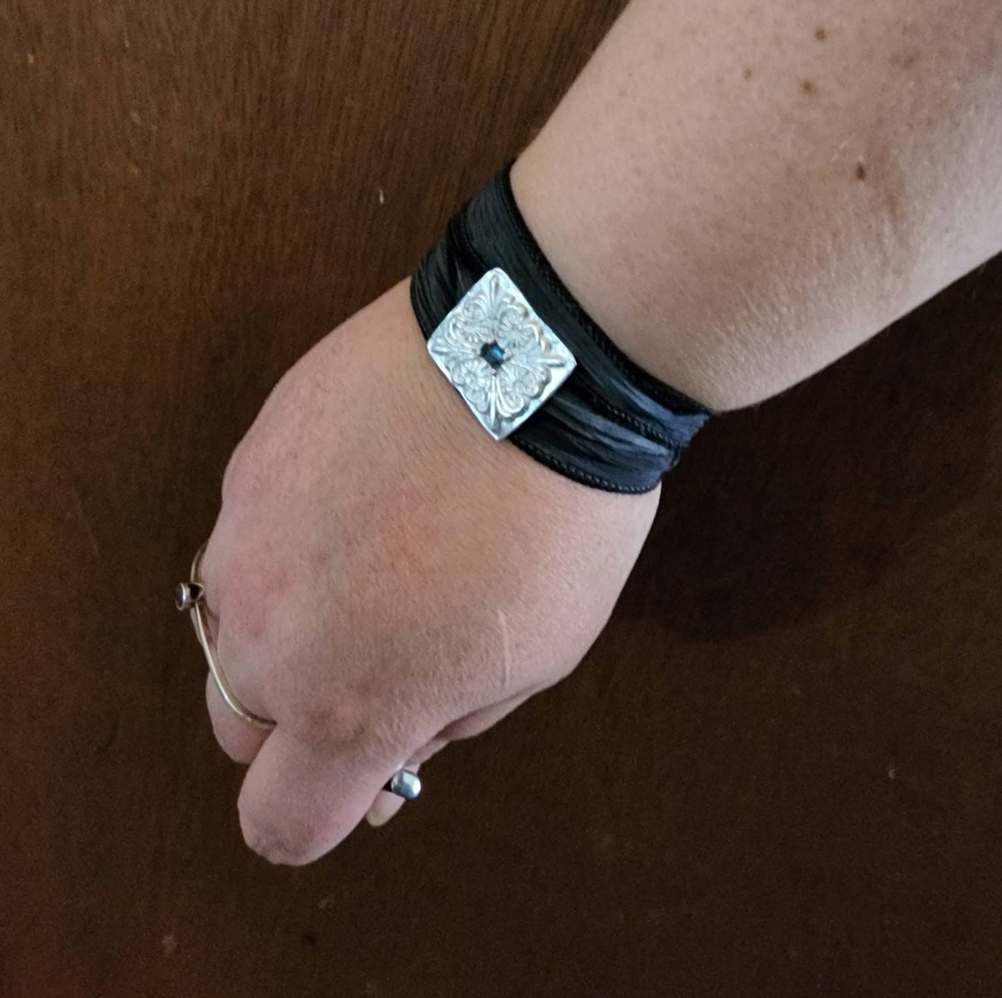 Fine silver and blue tourmaline slide on hand dyed silk ribbon, bracelet, choker or medallion style necklace