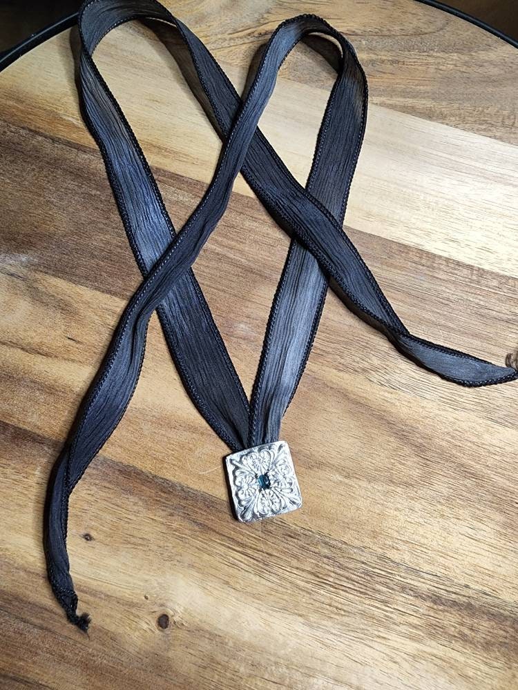 Fine silver and blue tourmaline slide on hand dyed silk ribbon, bracelet, choker or medallion style necklace