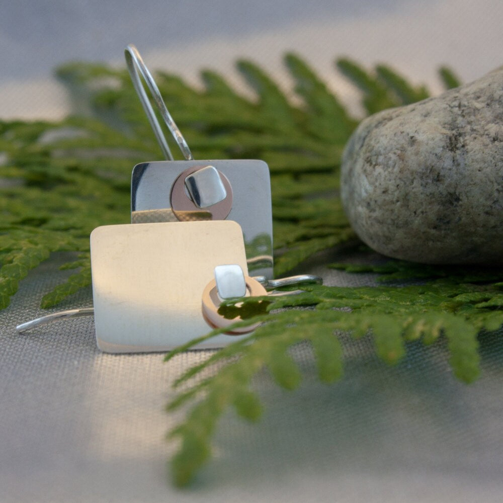 A modern pair of sterling silver and 14k rose gold earrings, gift, her, woman, girl