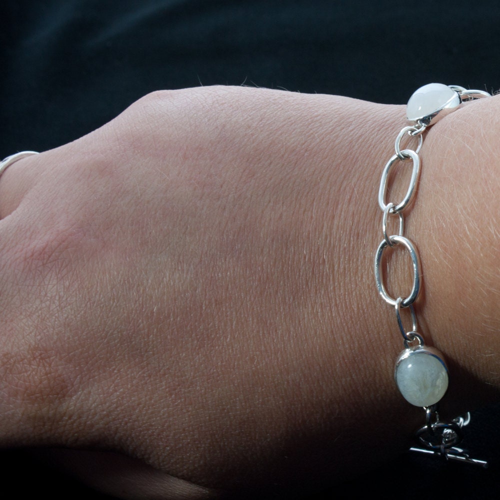 Rainbow moonstone and Sterling silver link bracelet, toggle clasp, heavy, gift, her, girl, woman