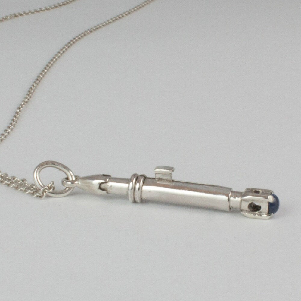 The Ninth & Tenth Doctor's Sonic- Doctor Who, sonic screwdriver Inspired Pendant, sterling silver and blue sapphire, sci-fi, gift, him, her