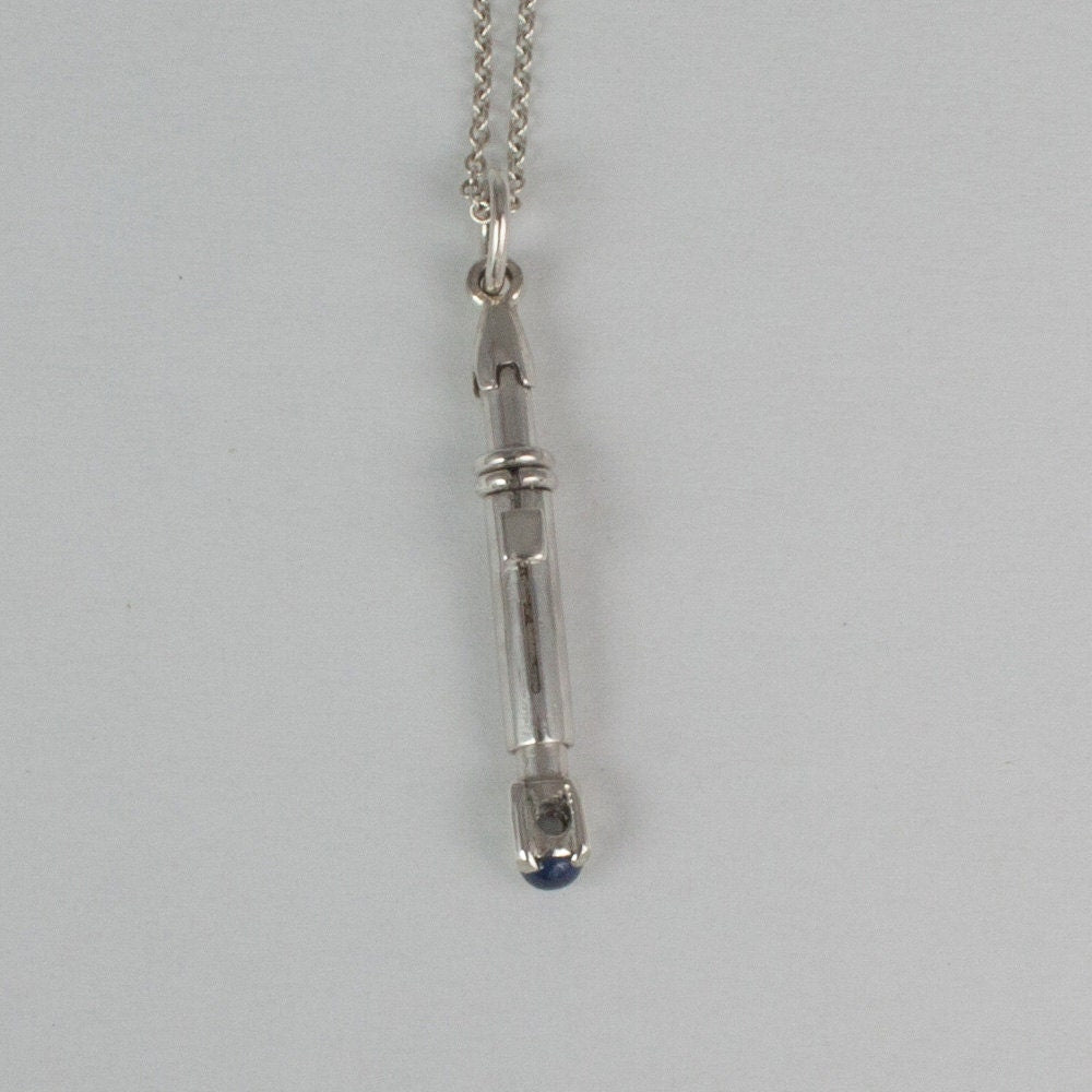 The Ninth & Tenth Doctor's Sonic- Doctor Who, sonic screwdriver Inspired Pendant, sterling silver and blue sapphire, sci-fi, gift, him, her