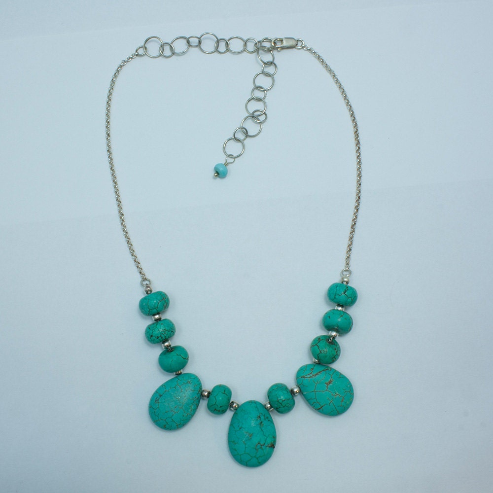 Chain strung, Turquoise and sterling silver necklace and earrings, teardrop and rondelle necklace, gift, her, girl, woman