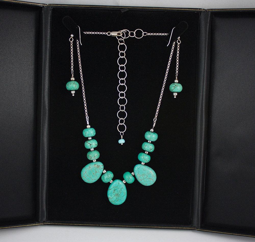 Chain strung, Turquoise and sterling silver necklace and earrings, teardrop and rondelle necklace, gift, her, girl, woman