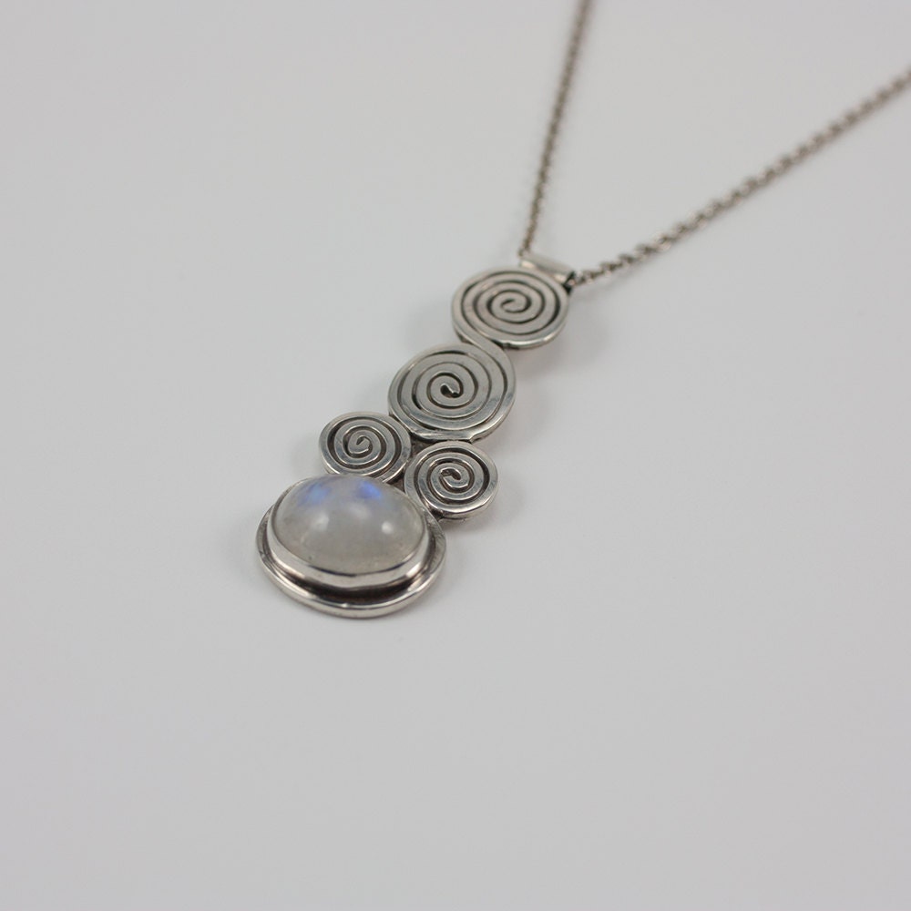 Moon Spirals, Sterling silver and rainbow moonstone, pendant, necklace, gift, her, girl, woman