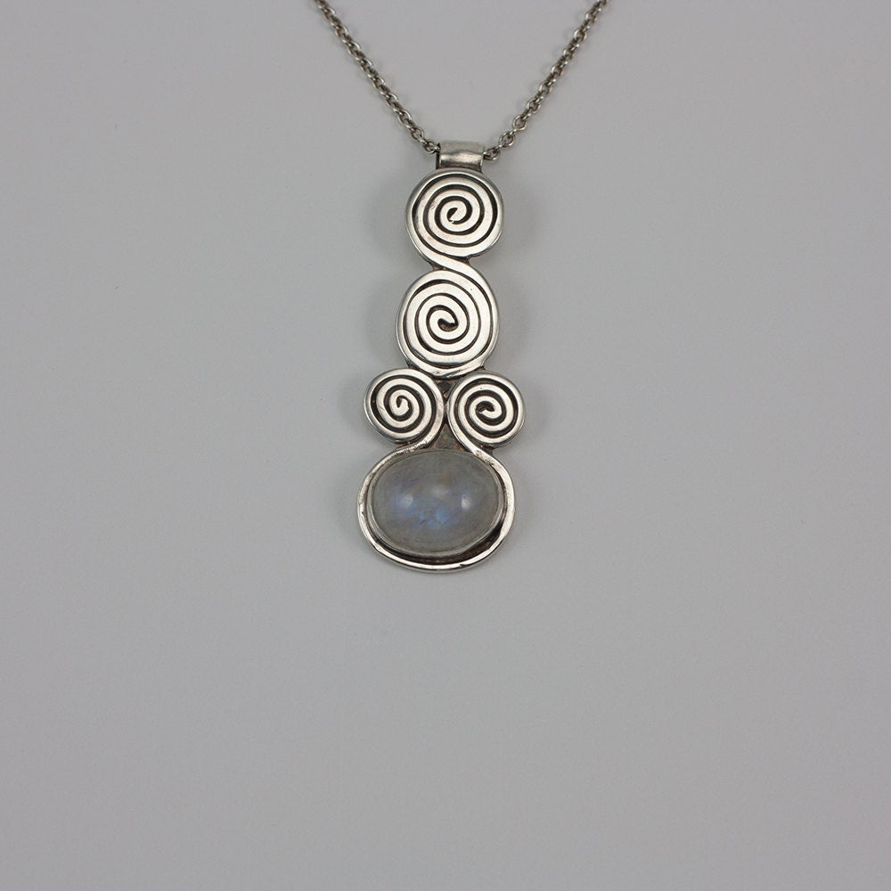 Moon Spirals, Sterling silver and rainbow moonstone, pendant, necklace, gift, her, girl, woman