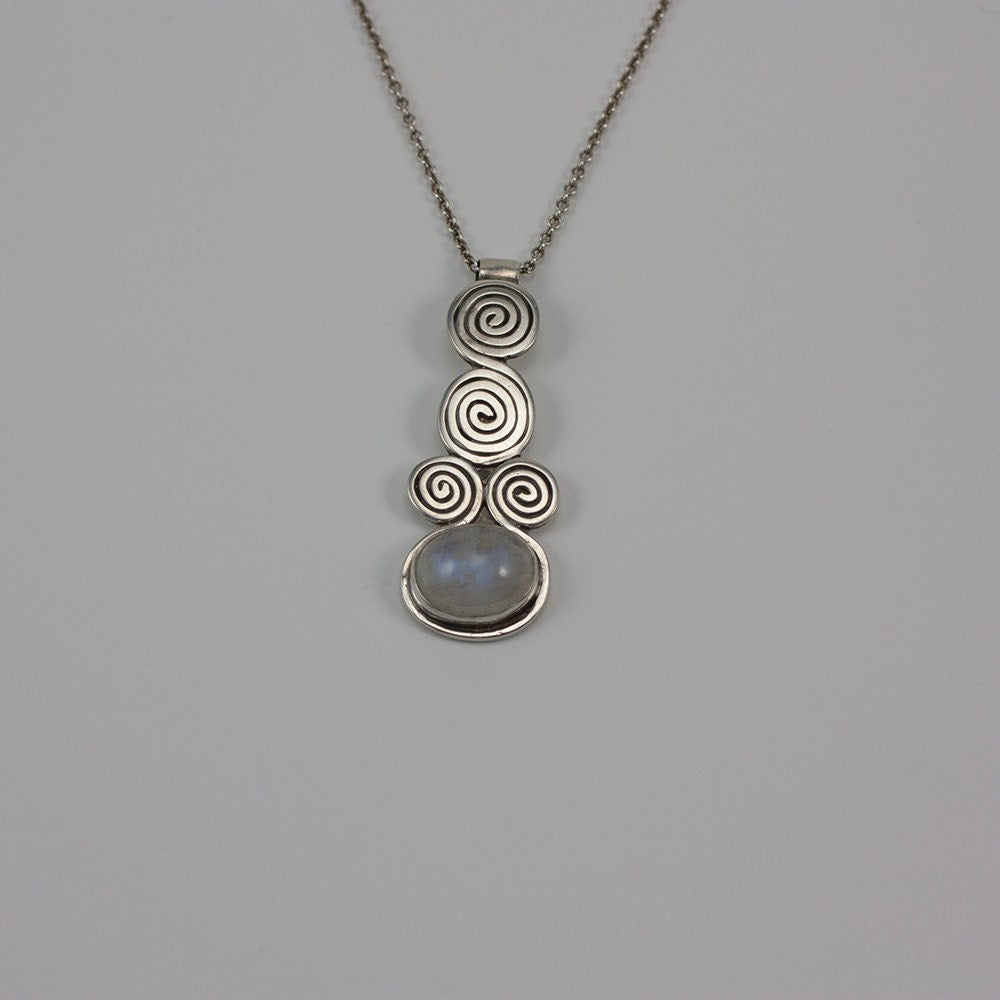 Moon Spirals, Sterling silver and rainbow moonstone, pendant, necklace, gift, her, girl, woman