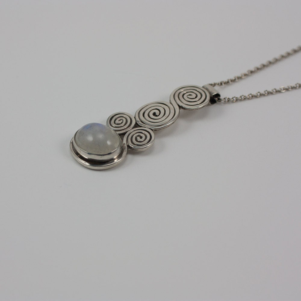 Moon Spirals, Sterling silver and rainbow moonstone, pendant, necklace, gift, her, girl, woman