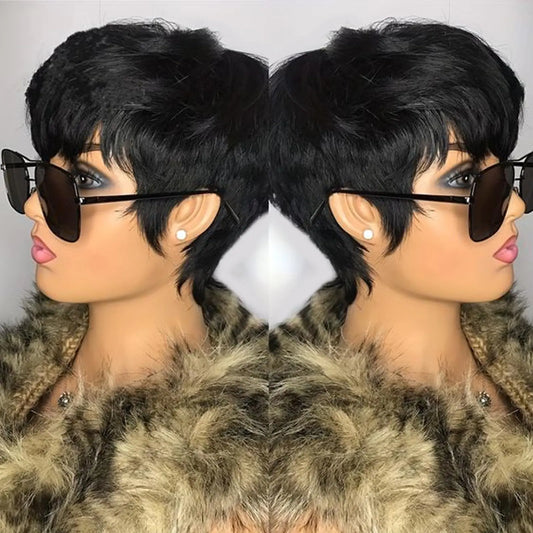 Rofa Short Human Hair Wigs with Bangs Short Layered Pixie Wigs for Black Women Short Bob Wig Human Hair Full Machine Made Wigs 1B Color
