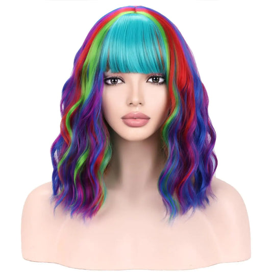WTHCOS Rainbow Wig Short Curly Wavy Wig Rainbow Wigs with Bangs Rainbow Wigs for Women Colored Wigs for Cosplay Costume Party with Wig Cap