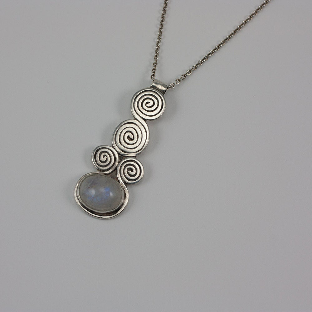 Moon Spirals, Sterling silver and rainbow moonstone, pendant, necklace, gift, her, girl, woman