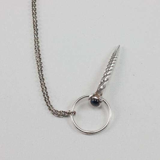 Unicorn horn necklace handmade in sterling silver with blue sapphire on 18 inch chain, gift, her, girl, woman