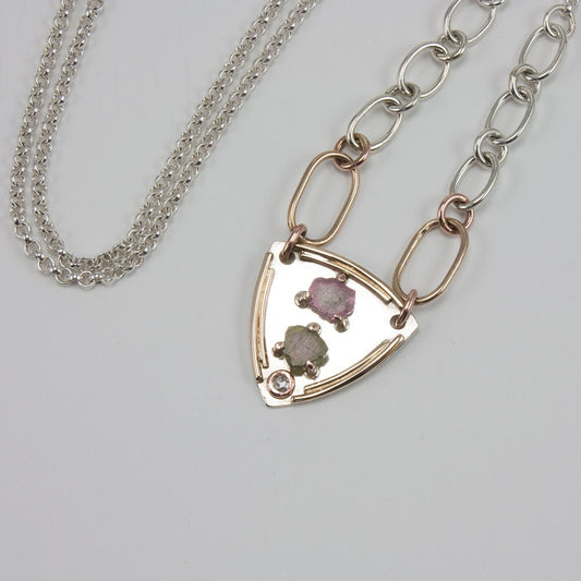 Tourmaline and diamond crest necklace in sterling silver and solid 14k yellow and rose gold, gift, her