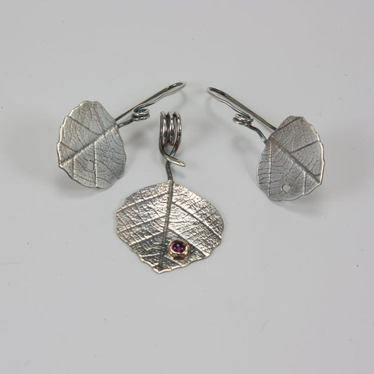 Aspen leaf, sterling silver necklace and earring set, pink tourmaline, 14k yellow gold bezel, gift