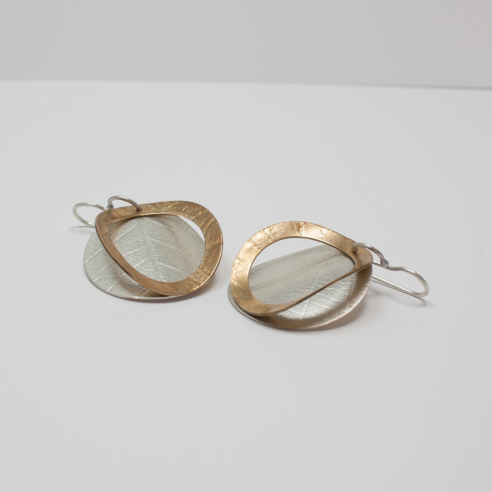 Leaf and lace brass and sterling silver earrings
