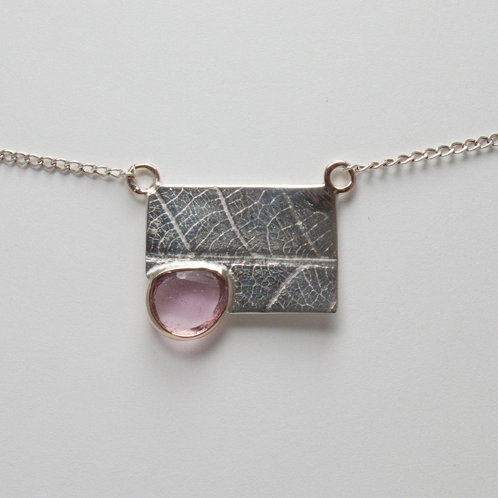 sterling silver, solid 14k rose gold and rose-cut pink tourmaline, leaf impression necklace, spring, gift