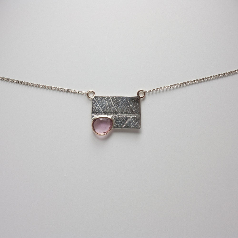 sterling silver, solid 14k rose gold and rose-cut pink tourmaline, leaf impression necklace, spring, gift
