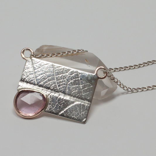 sterling silver, solid 14k rose gold and rose-cut pink tourmaline, leaf impression necklace, spring, gift