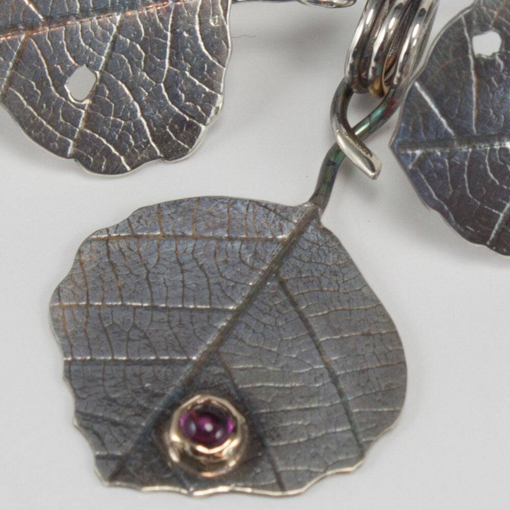 Aspen leaf, sterling silver necklace and earring set, pink tourmaline, 14k yellow gold bezel, gift
