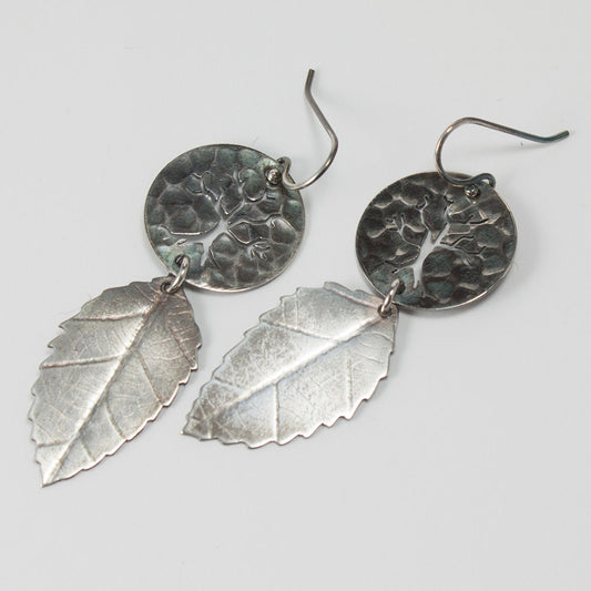 fallen leaves earrings, sterling silver dangle earrings, darkened silver, tree and leaf earrings