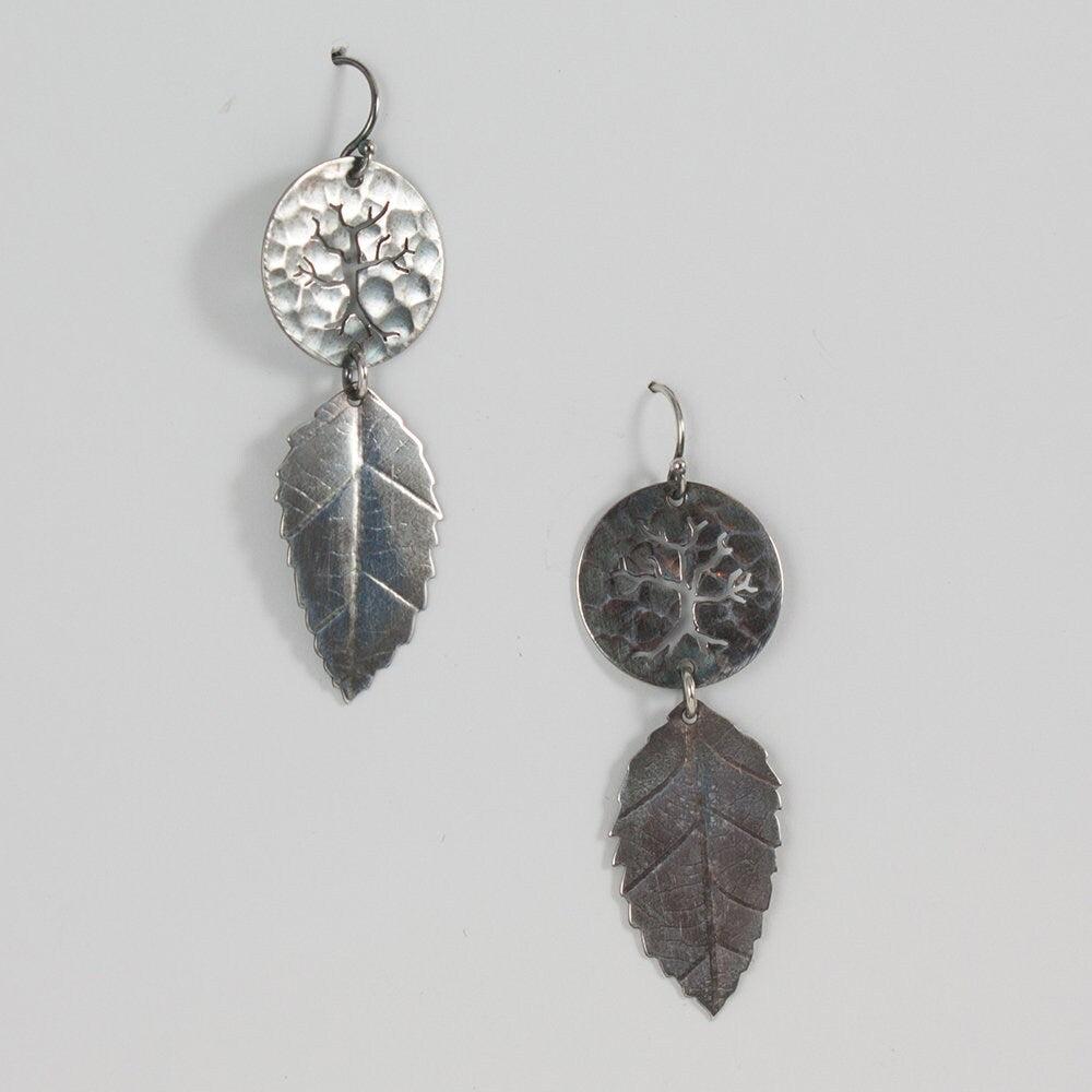 fallen leaves earrings, sterling silver dangle earrings, darkened silver, tree and leaf earrings