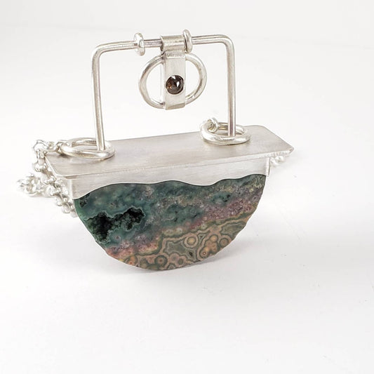 Ocean jasper, diamond, and sterling silver necklace, handmade, hand-cut ocean jasper