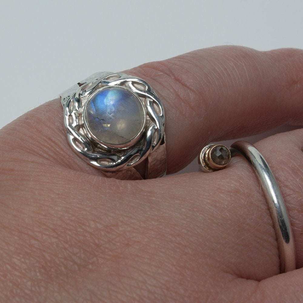 Moonstone ring, rainbow moonstone ring, Celtic braid, hammered texture sterling silver ring, gift for her, gift for him