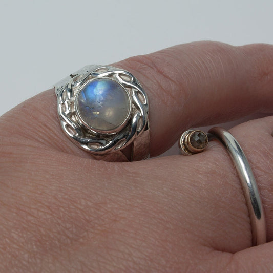 Moonstone ring, rainbow moonstone ring, Celtic braid, hammered texture sterling silver ring, gift for her, gift for him