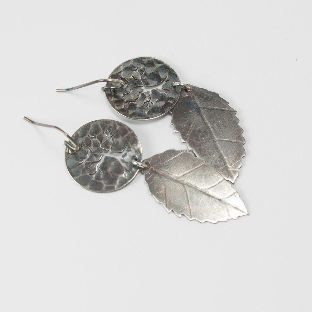 fallen leaves earrings, sterling silver dangle earrings, darkened silver, tree and leaf earrings