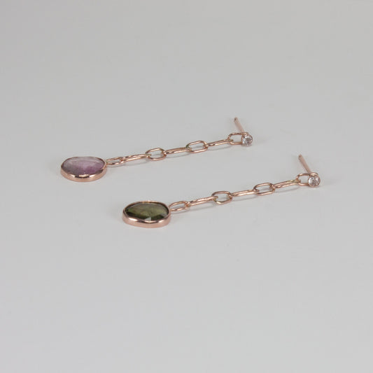 Color asymmetry, rose cut tourmaline and diamond solid 14k rose gold post drop earrings