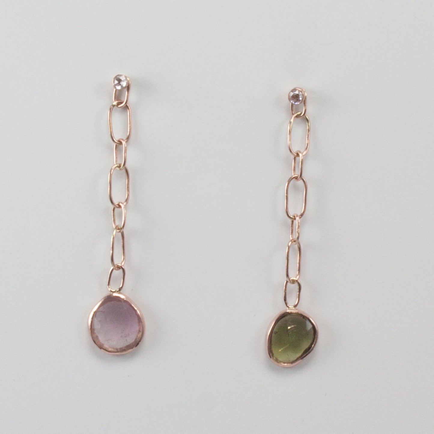 Color asymmetry, rose cut tourmaline and diamond solid 14k rose gold post drop earrings
