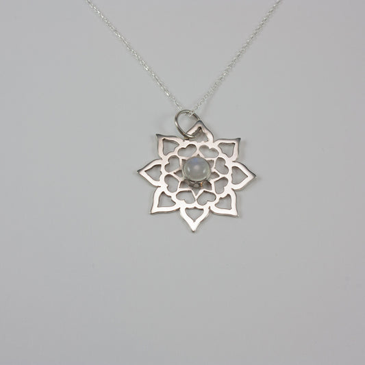 Hearts, Lotus Petal Mandala Necklace, with Bezel Set Rainbow Moonstone, Hand pierced sterling silver and bezel set gemstone