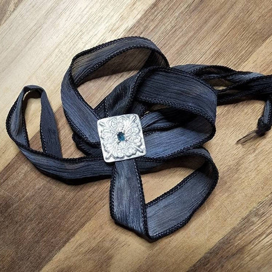 Fine silver and blue tourmaline slide on hand dyed silk ribbon, bracelet, choker or medallion style necklace