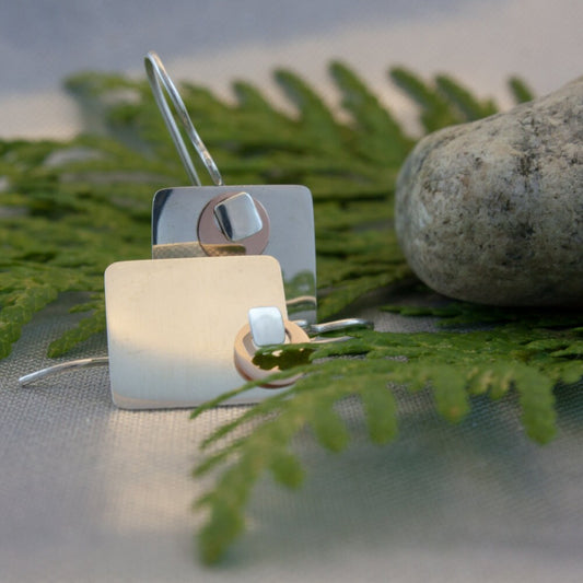 A modern pair of sterling silver and 14k rose gold earrings, gift, her, woman, girl
