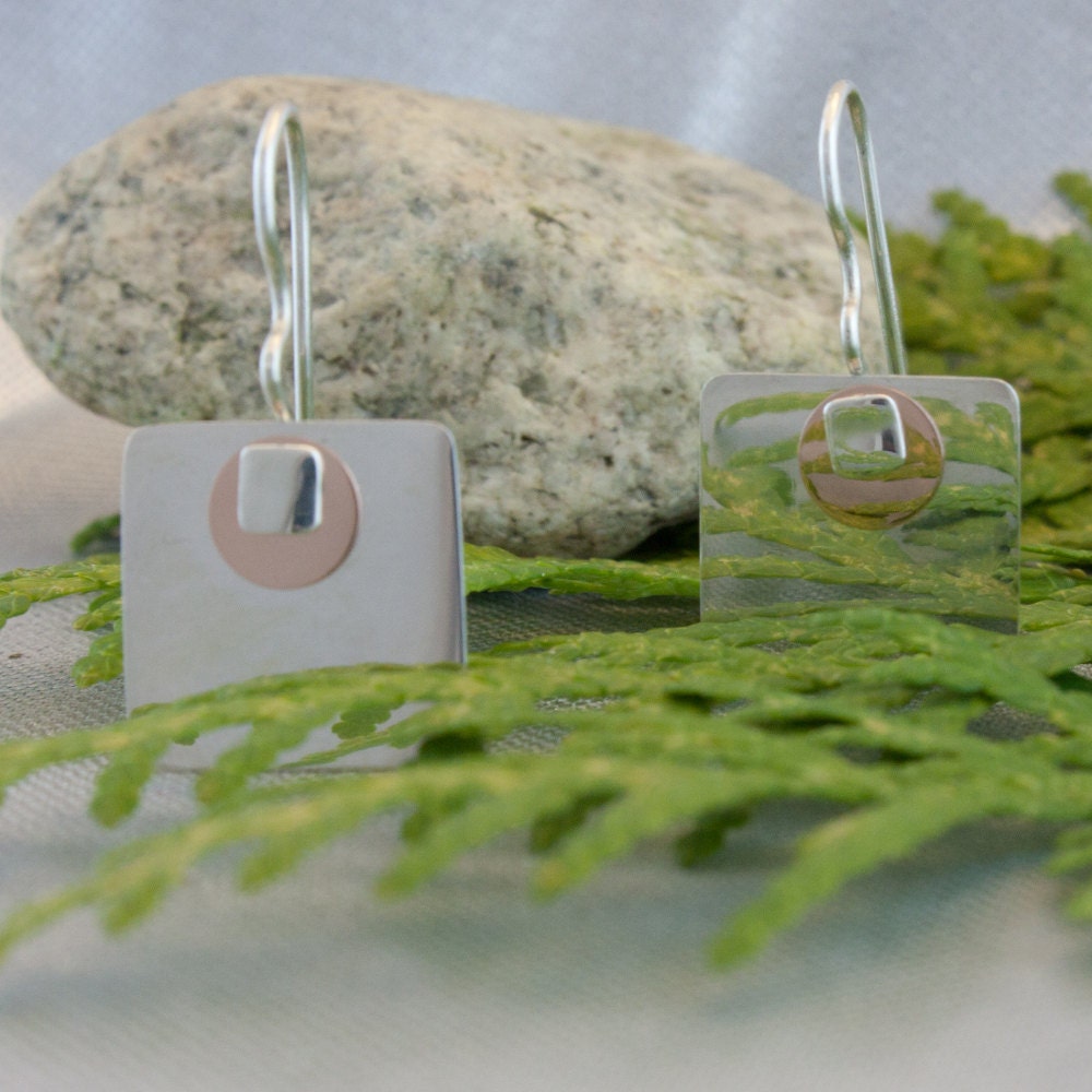 A modern pair of sterling silver and 14k rose gold earrings, gift, her, woman, girl
