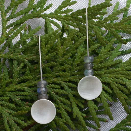 Sterling silver, labradorite, drop earrings, concave discs, satin finish, gift for her,gift for girl, gift for woman
