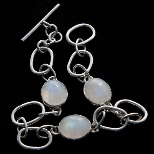 Rainbow moonstone and Sterling silver link bracelet, toggle clasp, heavy, gift, her, girl, woman