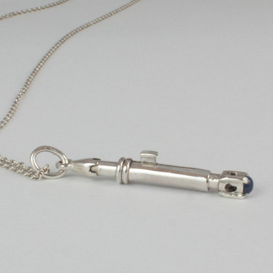 The Ninth & Tenth Doctor&#39;s Sonic- Doctor Who, sonic screwdriver Inspired Pendant, sterling silver and blue sapphire, sci-fi, gift, him, her