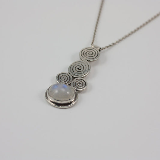 Moon Spirals, Sterling silver and rainbow moonstone, pendant, necklace, gift, her, girl, woman